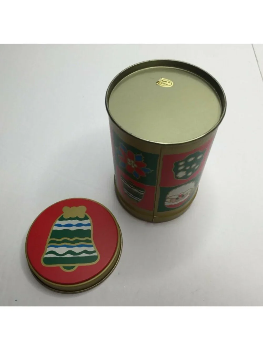 Christmas Holiday Cylinder Cookie Candy Present Tin Gift Giving Santa Bell